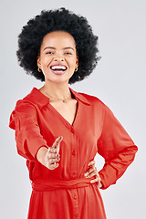 Image showing Black woman, portrait and handshake in studio for agreement, partnership deal and onboarding. Happy model, shaking hands and offer greeting for networking, welcome and thank you on white background