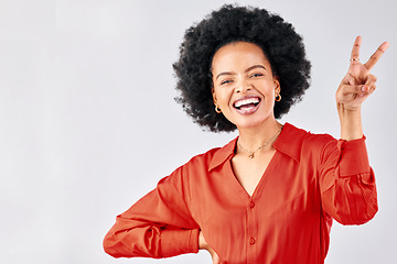 Image showing Crazy, peace sign and portrait of a black woman on a studio background with an emoji. Smile, funny model and an African girl or employee with a hand gesture isolated on a backdrop for comedy