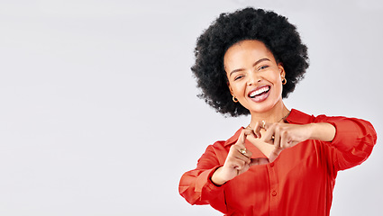 Image showing Portrait, mockup and black woman with heart hands, smile and support on a white studio background. Face, female person or happy model with symbol for love, like or loving hand gesture with motivation