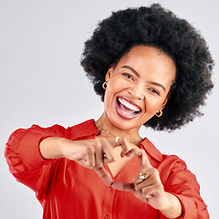 Image showing Portrait, mockup and black woman with heart hands, support and review on a white studio background. Face, female person and happy model with symbol for love, like and emoji with motivation and hope