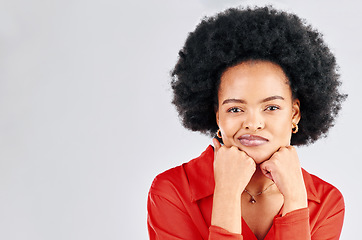 Image showing Confused, thinking and portrait of African woman in studio with an idea, planning or mockup of a decision on grey background. Problem solving, girl or choice in natural beauty, fashion or cosmetics