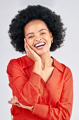 Image showing Portrait, smile and fashion with a black woman in studio on a white background for trendy style. Aesthetic, confident and red clothes with a happy young afro female model posing in a clothing outfit