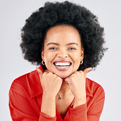 Image showing Portrait, black woman and smile with happiness, excited and cheerful girl against a white studio background. Face, female person and Jamaican model with joy, fashion and afro with positive mindset