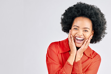 Image showing Portrait, surprise and black woman with mockup, excited and announcement on a white studio background. Face, female person and model with happiness, funny and wow with winner, discount sale and news