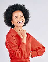Image showing Happy black woman, thinking face and ideas in studio of vision, mindset and planning future inspiration on white background. Female model, smile and daydream of decision, remember memory and solution