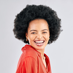 Image showing Happy, excited and portrait of woman in studio with success, confidence and leadership. Happiness, smile and professional young African female creative designer mindset isolated by gray background.