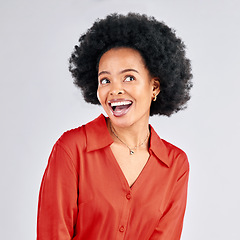 Image showing Thinking, happy and a black woman hearing gossip or good news in studio on a white background. Idea, smile and a curious young female person with an afro eavesdropping or listening to a secret