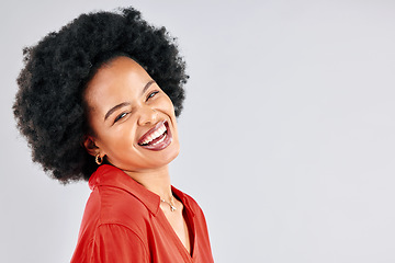 Image showing Laughing, smile and portrait of businesswoman in studio with success, confidence and leadership. Happy, excited and young African female designer with positive mindset by gray background with mockup.