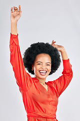 Image showing Happy black woman, portrait and dancing with afro in stylish fashion against a white studio background. Excited African female person in celebration for winning, achievement or bonus promotion