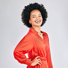 Image showing Portrait, smile and fashion with an afro black woman in studio on a white background for trendy style. Aesthetic, confident and red clothes with a happy young female model posing in a clothing outfit