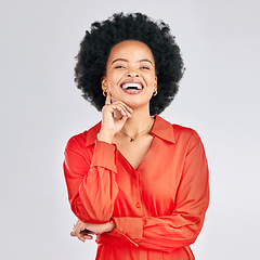 Image showing Happy, smile and portrait of businesswoman in studio with success, confidence and leadership. Happiness, excited and young African female creative designer with positive mindset by gray background.