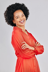 Image showing Portrait, smile and black woman with arms crossed, business and fashion designer against a white studio background. Female person, entrepreneur or model with leadership skills, career or professional