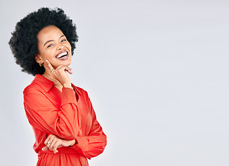 Image showing Happy, mockup and portrait of black woman on a studio background with arms crossed or pride. Smile, expert and African employee or corporate worker isolated on a backdrop with space for advertising