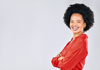 Image showing Portrait, fashion and mockup with an afro black woman in studio on a white background for trendy style. Space, confident and red clothes with a happy young female model posing in a clothing outfit