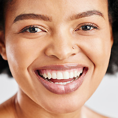 Image showing Portrait, skin care and beauty of a black woman with dermatology, cosmetics or natural makeup. Closeup and face of happy African female model in studio for facial glow, self love and teeth smile