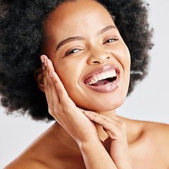 Image showing Skin care, beauty and portrait of a black woman with dermatology, cosmetics or natural makeup. Closeup and face of a happy African female model in studio for facial glow, self love and soft touch