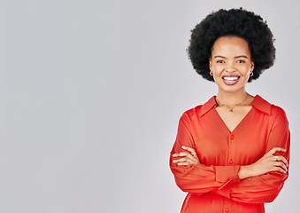 Image showing Portrait, mockup and black woman with arms crossed, business and entrepreneur against a white studio background. Female person, fashion designer or happy model with happiness, career and professional