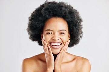 Image showing Beauty, hands on face and portrait of a black woman with dermatology, cosmetics or natural makeup. Headshot of happy African female model in studio for facial glow, afro and soft touch with self love