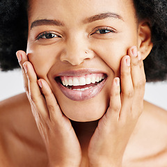 Image showing Beauty, skin care and portrait of happy woman with dermatology, cosmetics or natural makeup. Closeup on face of African female model in studio for facial glow, self love and soft touch or teeth smile