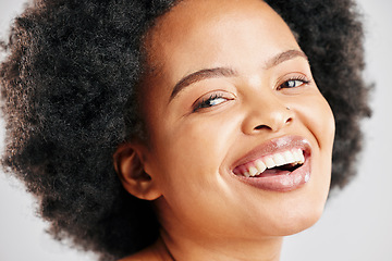 Image showing Beauty, happy and portrait of a black woman with skin care, cosmetics or natural makeup. Closeup and face of an African female model in studio for facial glow, dermatology or afro hair and self love