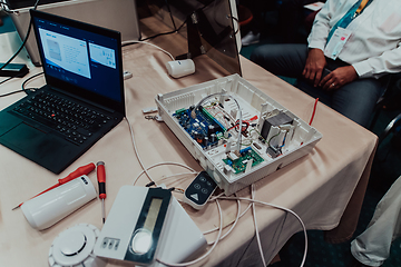 Image showing Repairing a technical device. A repairman repairs a broken device