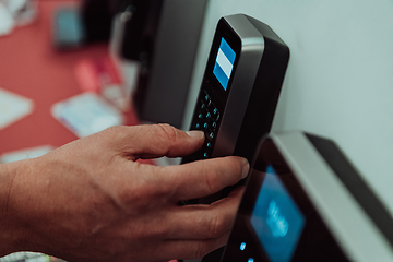 Image showing Door access control by Fingerprint Scanner, Facial recognition and Key Card, Security Concept.