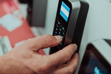 Image showing Door access control by Fingerprint Scanner, Facial recognition and Key Card, Security Concept.