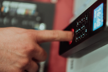 Image showing Door access control by Fingerprint Scanner, Facial recognition and Key Card, Security Concept.