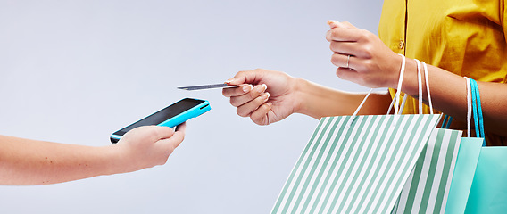 Image showing Card machine, shopping and woman hands, POS online payment and digital service or fashion fintech in studio. Bag and credit of customer, cashier or people at point of sale on white background banner