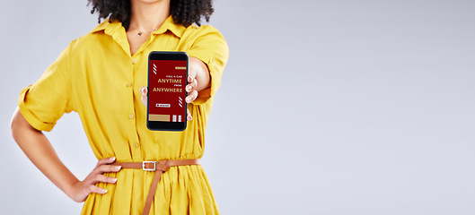 Image showing Hands, phone screen and woman with app for taxi isolated in studio on a white background mockup space. Smartphone, travel and person with application, advertising and marketing to call transportation