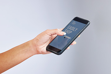 Image showing Hand, phone screen and online shopping app in studio with search, scroll and click for choice by white background. Person, smartphone and website for e commerce, easy customer experience and sales