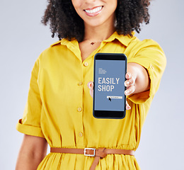 Image showing Hands, phone screen and woman with app for online shopping, sales and isolated in studio on a white background. Smartphone, advertising and person with promotion for ecommerce, fintech or retail deal