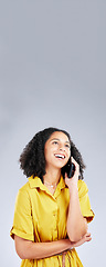 Image showing Happy woman, phone call and thinking on mockup space for communication against a white studio background. Female person smile in wonder for talking, conversation or discussion on mobile smartphone