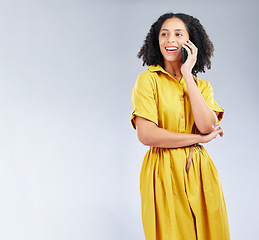 Image showing Happy woman, phone call and thinking of business communication, decision and creative advice on studio mockup. Ideas, information space and african person with mobile opportunity on white background