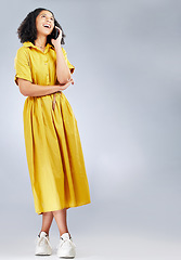 Image showing Woman thinking, phone call and happy communication with fashion decision and funny advice on studio mockup. clothes ideas, information space and young african person on mobile and on white background