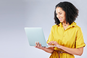 Image showing Studio laptop, smile and woman reading blog story, online shopping discount or research sales deal, info or promo. Social media, app post and person happy for email communication on white background