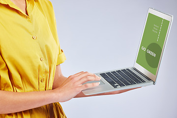 Image showing Woman hands, laptop screen and eco friendly website, sustainability research and green technology on white background. Typing, planning and climate change of person on computer and website in studio