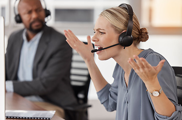 Image showing Frustrated, glitch and call center with business woman in office for anxiety, burnout and mental health. Consulting, receptionist and customer service with employee for anger, fatigue and problem