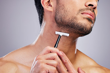 Image showing Beard hair, razor and closeup man with beauty routine, self care treatment, morning bathroom grooming and cosmetics skincare. Neck cleaning, salon wellness or studio person shaving on grey background