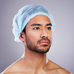 Image showing Plastic surgery, dermatology or man in studio for skincare, facelift and collagen on white background. Facial treatment, medical and person ready for lip filler, implant or aesthetic transformation