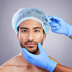 Image showing Hands, portrait and transformation with a man in studio on a gray background for an injection. Face, beauty and plastic surgery with a male customer in a clinic for antiaging filler or cosmetics