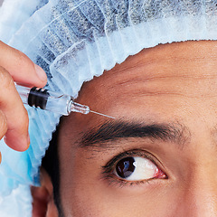 Image showing Eye, hand and plastic surgery with a man in studio on a gray background for silicon injection. Face, beauty and transformation with a male client in a clinic for antiaging filler or cosmetic facelift