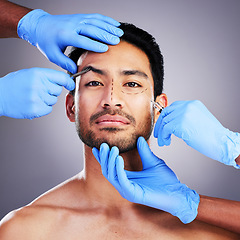 Image showing Beauty, plastic surgery and injection with portrait of man in studio for prp, aesthetics or collagen. Spa, skincare and dermatology with person on gray background for facial, cosmetics or face filler