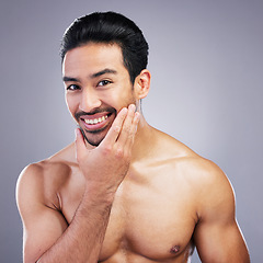 Image showing Portrait, skincare and man with beauty, dermatology and wellness against a grey studio background. Face, male person or happy model with self care, beard and health with wellness, cosmetics and shine