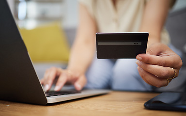 Image showing Hands, credit card and online shopping on laptop in home for digital payment, fintech password and ecommerce. Closeup of person, computer and internet banking for financial sales, budget and account