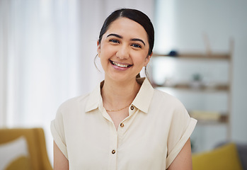 Image showing Portrait, smile and woman in home to relax in good mood, me time and self care in Colombia. Face of happy young female person in living room with confidence, freedom and enjoy break in apartment