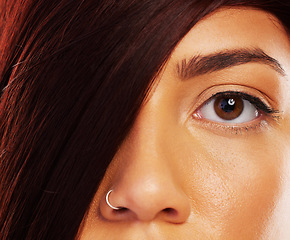 Image showing Portrait, hair and eye with a model woman closeup for skincare, beauty or makeup for luxury aesthetic. Face, wellness and a young female person in the salon for keratin haircare or cosmetic treatment