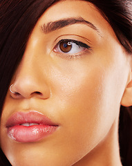 Image showing Face, hair and eye with a model woman closeup for skincare, beauty or makeup for luxury aesthetic. Spa, wellness and a young female person in the salon for keratin haircare or cosmetic treatment