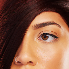 Image showing Vision, hair and eye with a model woman closeup for skincare, beauty or makeup for luxury aesthetic. Face, wellness and a young person with a nose ring in the salon for haircare or cosmetic treatment