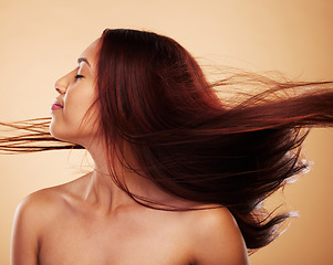 Image showing Woman, shake hair and beauty with texture, cosmetics and grooming against a brown studio background. Female person, wind and model with shine, natural treatment or aesthetic with confidence or luxury